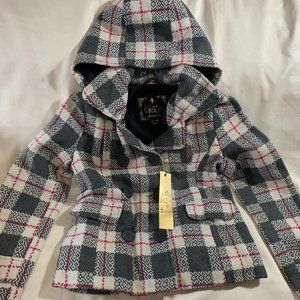 Girl's Grey/Pink/White Hooded Plaid Jacket Size L